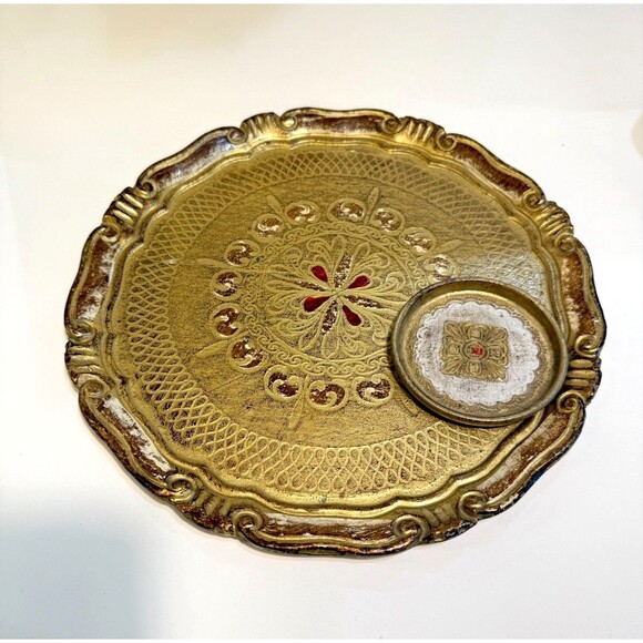 Other - Vtg Italian Gold Florentine Wood Serving Tray Red Blue Toleware 11" Hand painted